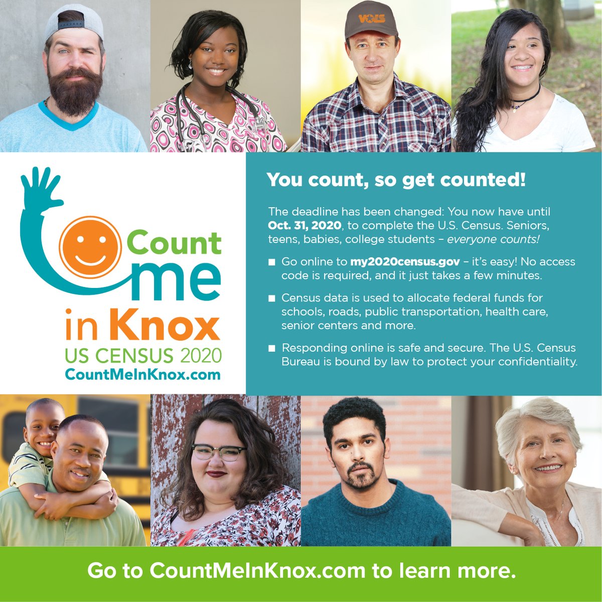 knoxreads's tweet photo. Hurry, there's still time to participate in the #2020Census! Seniors, teens, babies, college students – everyone counts! Head to https://t.co/i8psXVvEfg for more info and to get started. ✅

#CountMeInKnox #YoCuentoEnKnox https://t.co/bG8UAQKwxG