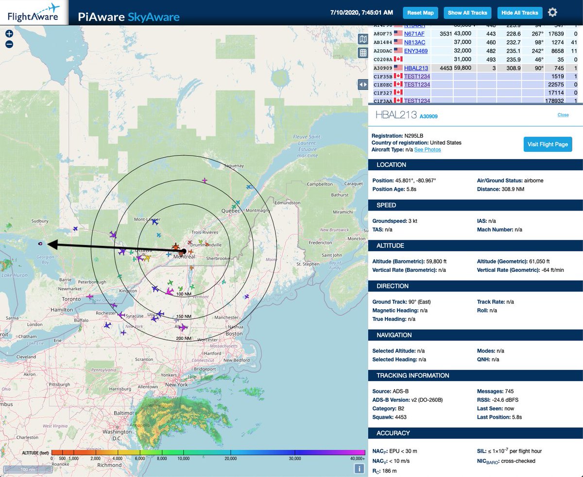 AWarb's tweet image. Launched 16d ago from Nevada, #ProjectLoon #HBAL213 #Balloon is detected over Georgian Bay, south of Sudbury, at altitude 59800ft &amp;amp; distance 572km from my Montreal receiver, traveling east at a speed of 6km/h. See @stratoballoon and loon.com for more. #Alphabet