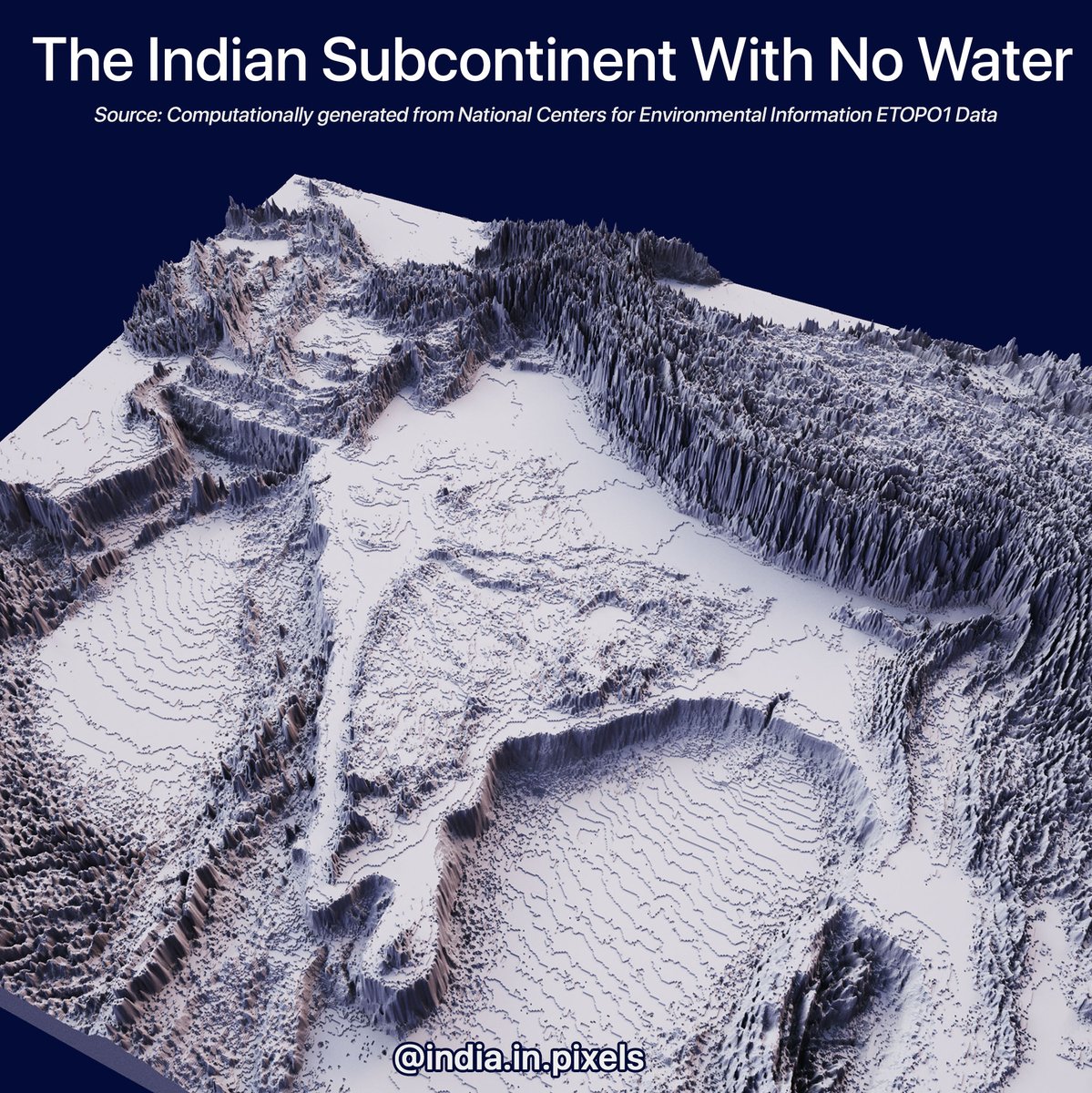 indiainpixels's tweet image. Our subcontinent without oceans, rivers, and seas. 

Generated using @NOAANCEIclimate ETOPO-1 Dataset