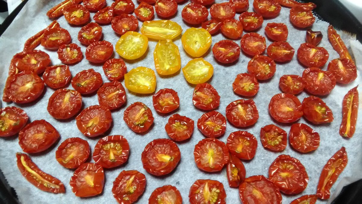 たべまい ミニトマト大量消費 ドライトマト セミドライトマト 半分に切って塩ふって15分 水気をキッチンペーパーで取って 130 のオーブンで75分 ちょっと乾きが甘かったかな 次はもっとカサカサにしないと 半分はおつまみに半分はオリーブオイルに漬け