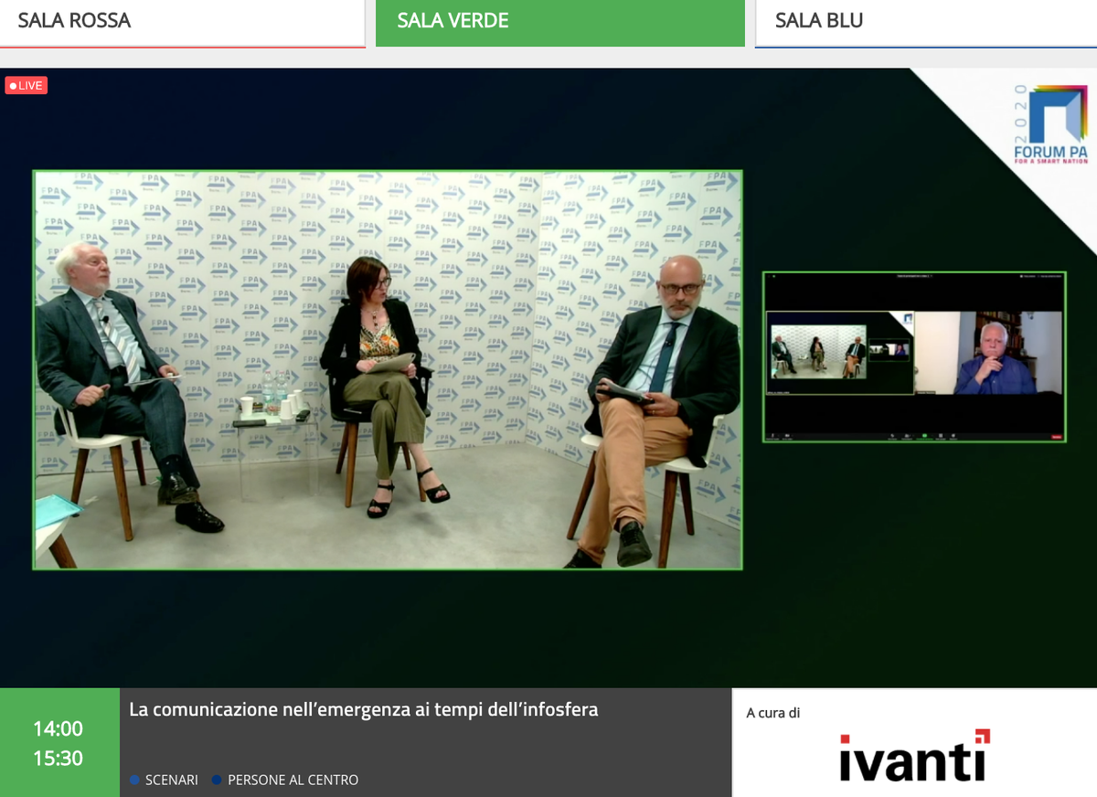 elvirazollerano's tweet photo. La comunicazione nell’emergenza ai tempi dell’infosfera. 
🟢 Sala verde con @eiorio @fdicos10  @SergioTalamo @crossmediale @RobiVil 
#FORUMPA2020 #PAsocial #FakeNews #infowars https://t.co/JffZeBdzLK