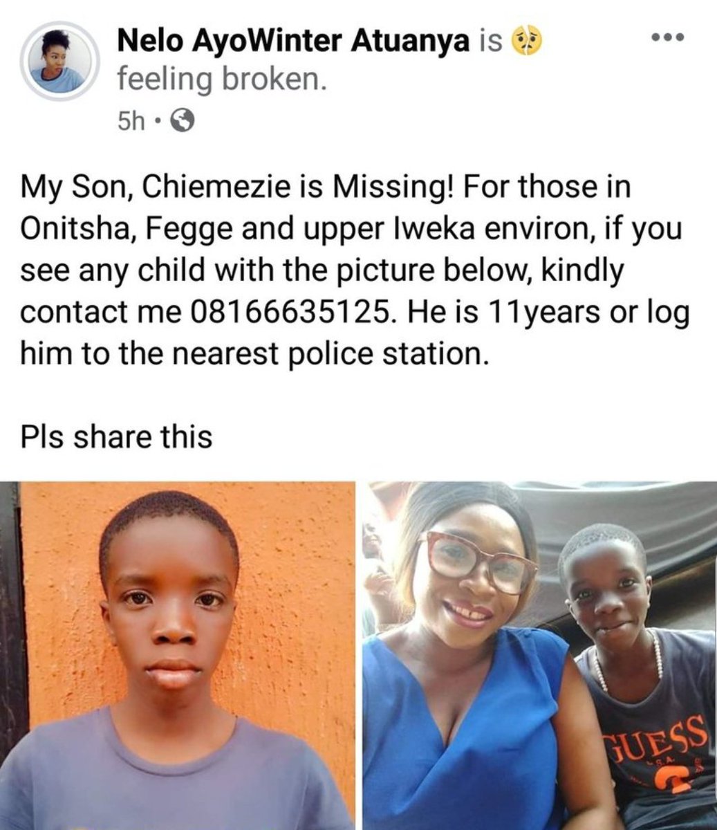 MISSING PERSON: Please Retweet.

His name is Chiemezie, 11yrs old and only son of a single mom Nelo Atuanya as you can read in the picture below.

The least you can do is retweet. I pray he is found in one peace. Amen @pingianny