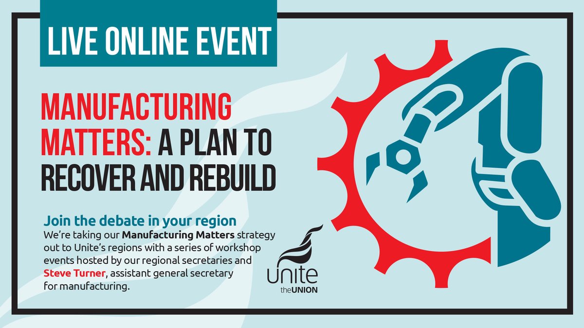 UniteManufactur's tweet photo. Launching Monday in @Unite_NorthWest our virtual regional tour with @SteveT_Unite @RJamesUnite and our regional secretaries in a series of workshops with shop stewards and convenors looking at what needs to be done at a local level to #RecoverAndRebuild
#ManufacturingMatters https://t.co/EEUEaN5kDm