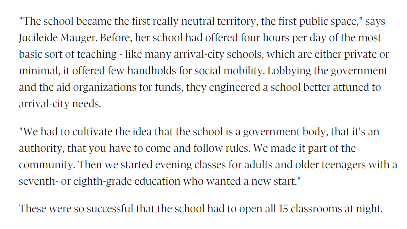 I've also written about this favela in Sao Paulo that ended its status as the most violent place in the world in large part by turning the school, formerly open 4 hours a day (as is typical in Brazil) into an all-day focal point. https://www.theglobeandmail.com/news/national/mud-floor-to-middle-class/article4327172/