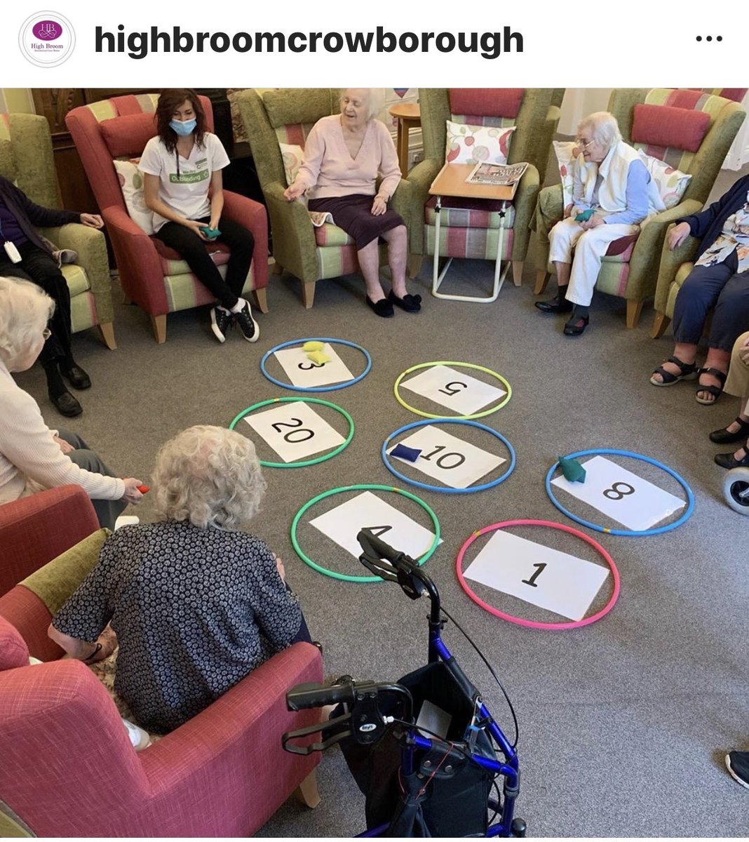 Highbroomcare's tweet photo. We had a great morning with beanbags and hula hoops in the lounge 😁 🌈  #activities #workout #beanbagfun #dementia #alzheimers #carehome #gladtocare #dementiaawareness #alzheimersawareness #carehomeactivities  #lifeinacarehome @NAPAlivinglife @CareQualityComm @GladToCare https://t.co/BSyo1fOqSK
