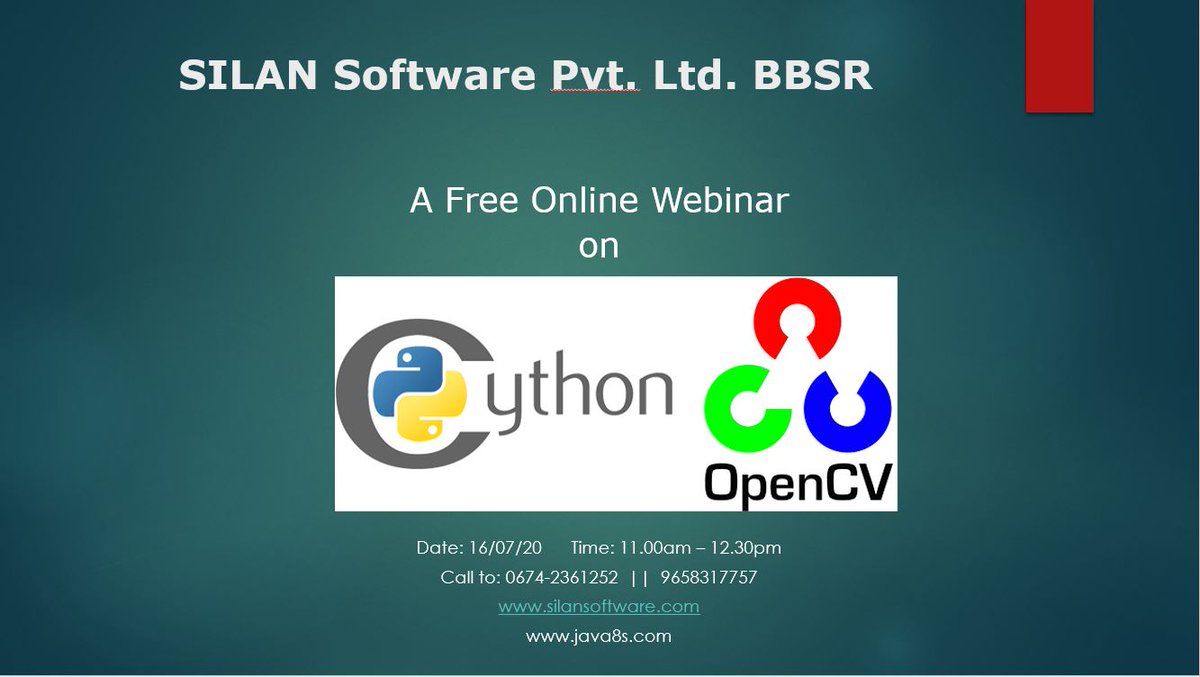 SilanSoftware's tweet image. A Webinar on "OpenCV in Deep Leraning" by SILAN Software Pvt. Ltd. BBSR
Call to : 06742361252 || 9658317757
#silansoftware
#java8s
#deeplearning