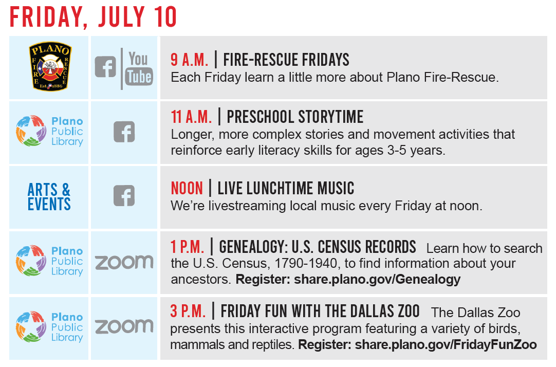 cityofplanotx's tweet photo. Happy Friday, Plano!
Check out today's online programming from @PlanoFireRescue, @planolibrary and @PlanoArts! #LovePlano
➡️ https://t.co/WYSztBn9Lq https://t.co/fHdZgwRhmZ