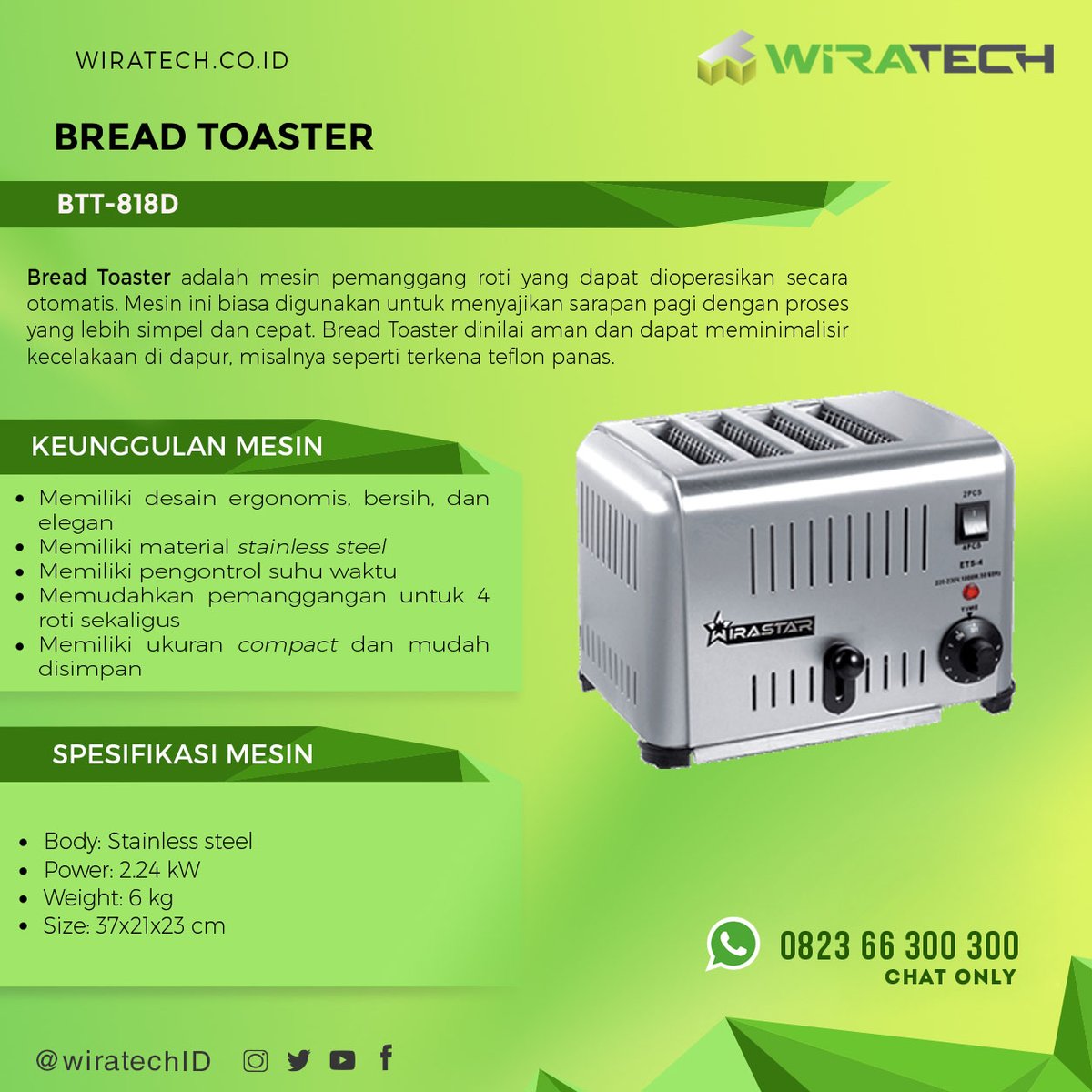 WiratechID's tweet image. Mau sarapan lebih simpel dan cepat? Buat roti panggang aja. Anda bisa memanfaatkan bread toaster. Harga terjangkau dan cocok untuk kebutuhan rumahan dan kafe wiratech.co.id/product-catego… #WiratechID #BreadToaster #JualMesin