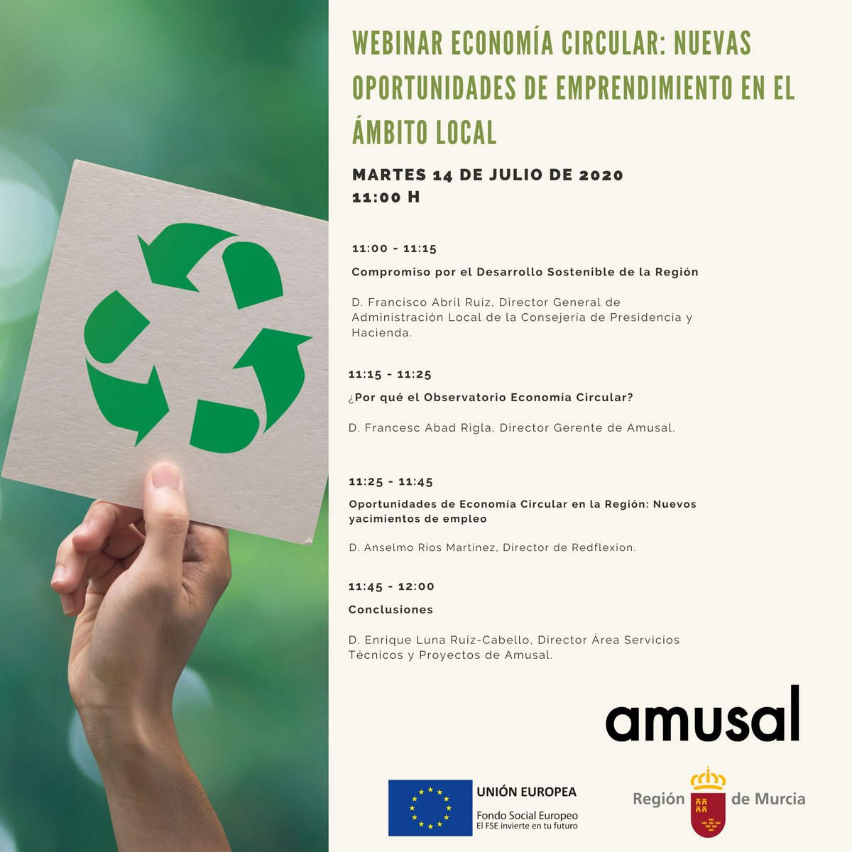 ♻️Si estás pensando en emprender de manera sostenible o quieres información de las oportunidades de negocio que la #EconomíaCircular puede ofrecerte, inscríbete en nuestro Webinar del día 14 de julio. Más información en nuestra web 👉cutt.ly/EpagZ8U