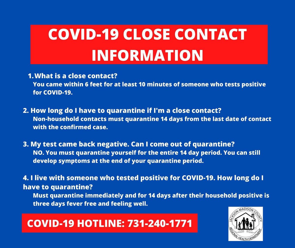 Have you come in close contact with someone who tested positive for #COVID19? Please see the following quarantine guidelines. Call our COVID-19 hotline at 731-240-1771 if you have questions. #coronavirus