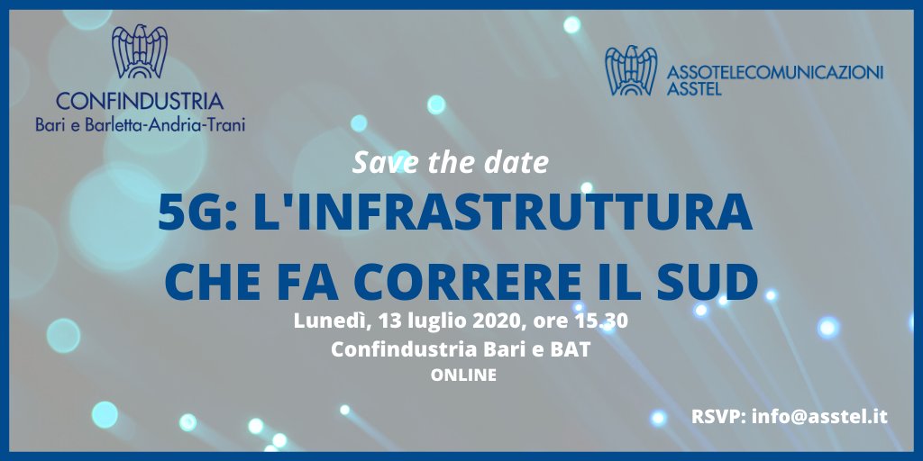 Lunedì 13 luglio, ore 15:30, parleremo di #5G e #innovazione per lo sviluppo del Sud e al servizio dei cittadini. Lo faremo a Bari, presso la sede di <a href="/confindustriabb/">Confindustria Ba-Bat</a>, con ospiti e esperti appartenenti ai settori chiave per questa svolta. Non perdete l’incontro!
