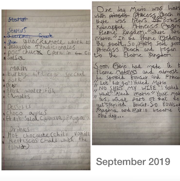 dkem's tweet photo. @Mrs_Ward1 @paganelschool 
Emily’s handwriting progression from September last year to now. She has been working hard on letter formation and making the letter size slightly bigger so it’s easier to read. Extremely proud of how hard she has worked! https://t.co/cvEz1s2maS