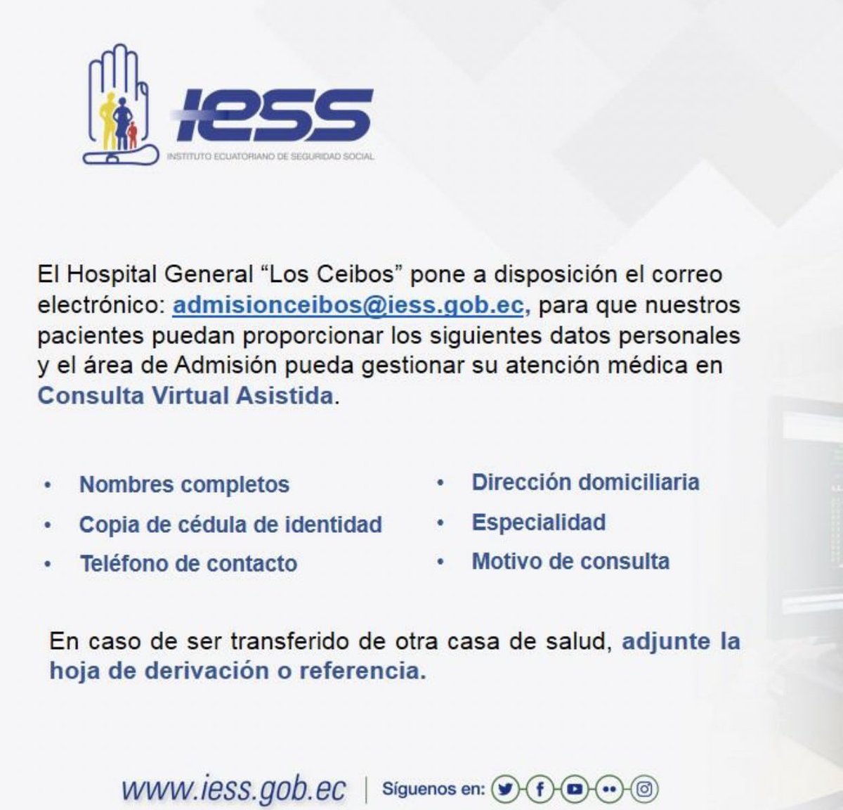 DraMajoAgusto's tweet photo. #IESSInforma sobre el servicio de agendamiento y reagendamiento de citas médicas del Hospital 🏥 @ceibos_iess para gestionar su atención médica en Consulta Virtual Asistida 

#IESSTeCuida https://t.co/vuHE9wERNv