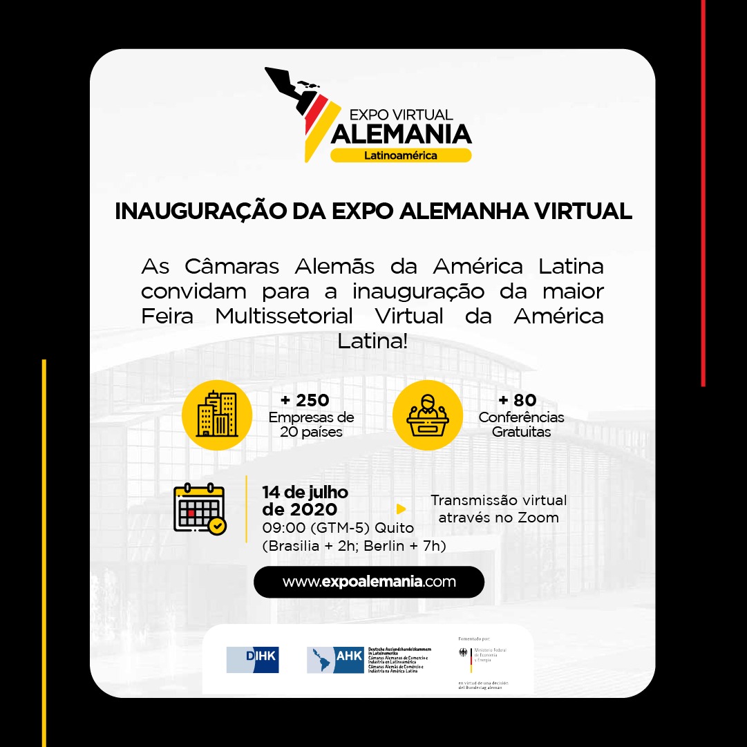 Alemanha_BR's tweet photo. 🇩🇪 Uma nova experiência em uma Feira Virtual, a Expo Alemanha Latinoamérica, que acontecerá de 14 a 17 de Julho, vai ter sua inauguração no dia 14, às 11h (horário de Brasília). 🇧🇷✅https://t.co/76nj0CMH0B
#ExpoVirtualAlemanha #Alemanha #AHK #FeiraVirtual @ahkrgs @ahkbrasil https://t.co/MzAXSDkzHg