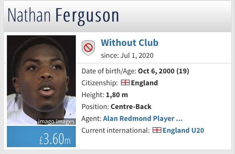 Free TransferNathan Ferguson  Promising centre back which we can sign for free, no brainer again for me. Wouldn’t be a starter but it’s a transfer that can’t turn out to be a loss.