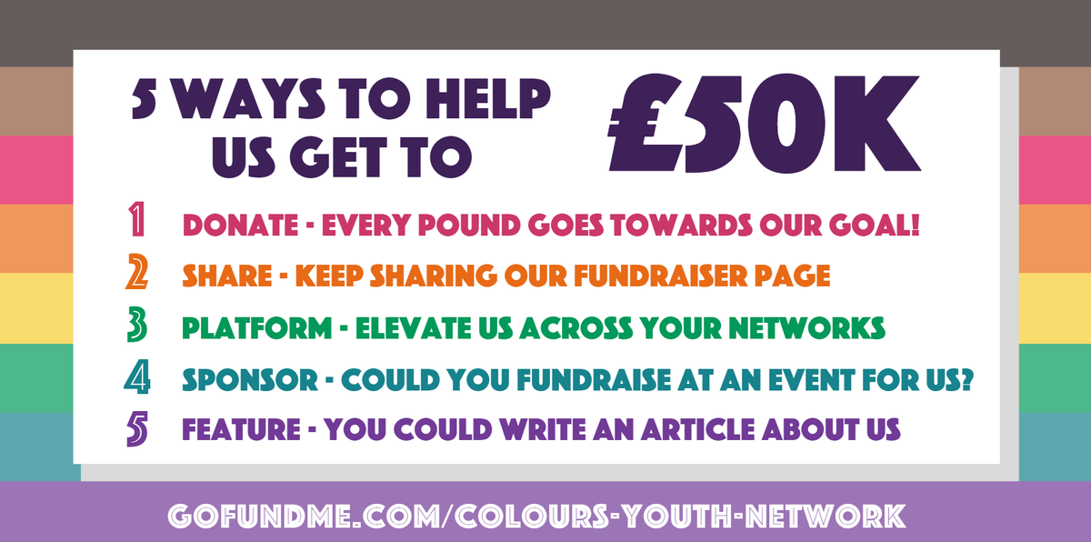 ColoursYouthUK's tweet photo. WE'RE ALMOST THERE 🤩 Can you help us reach £50k this weekend? We've made it simple and give you five ways you can help us make this happen 🙌🏽🙌🏾🙌🏿
#supporttransyouth #blackyouthmatter #LGBTQ #BAME #QTIBPOC 
https://t.co/yISYjykLF7 https://t.co/nDmI36AnfN