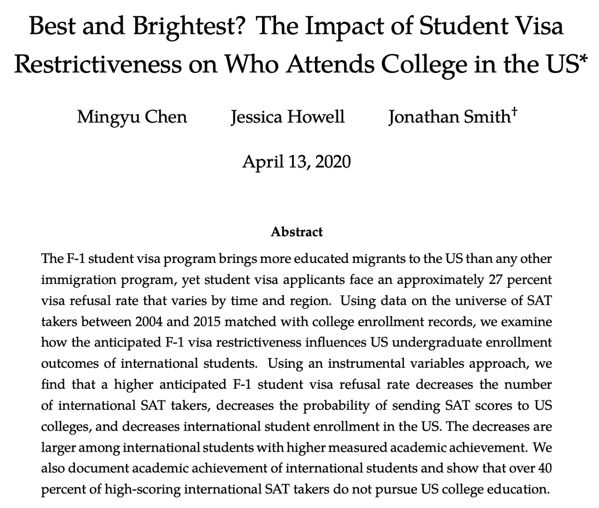 More evidence: When the US cuts the *number* of int'l students by denying visas, how does this shape their *ability* level? @mingyuchen_econ, Howell, and  @jonisaacsmith study this using rich data on int'l SAT scores, in this  @Princeton paper—>  https://dataspace.princeton.edu/jspui/handle/88435/dsp01c534fr83n