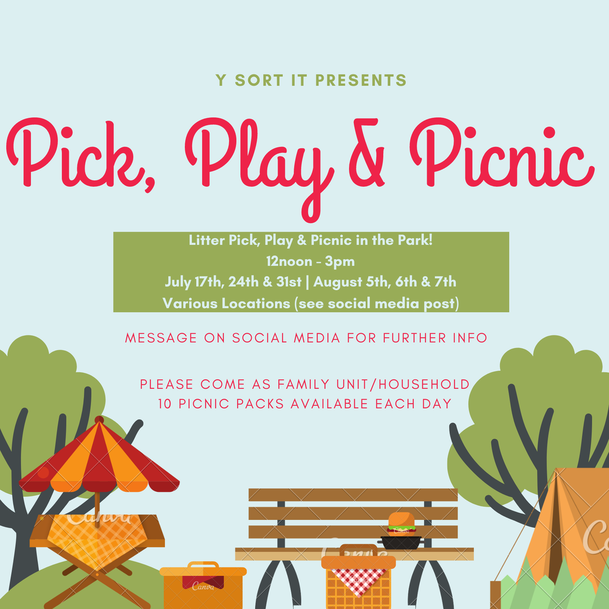 We are excited to bring you #PickPlayPicnic from the 17th!  We will be at the park on Braeside Drive #Bellsmyre from 12 - 3pm for our first session!  Please come as a family/household and observe #socialdistancing 
Let's get playing safely in #NationalPicnicMonth 💜