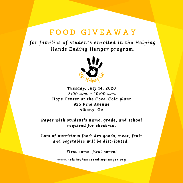DoCoSchools's tweet photo. FOOD GIVEAWAY: #DocoSchools Partner Helping Hands, Ending Hunger: Kids Helping Kids is having a food giveaway Tuesday, July 14, at 8 a.m. at the former Coca-Cola Plant on 900 block of Pine Avenue. 

All food items are first-come first served! https://t.co/mNsEFusWG4