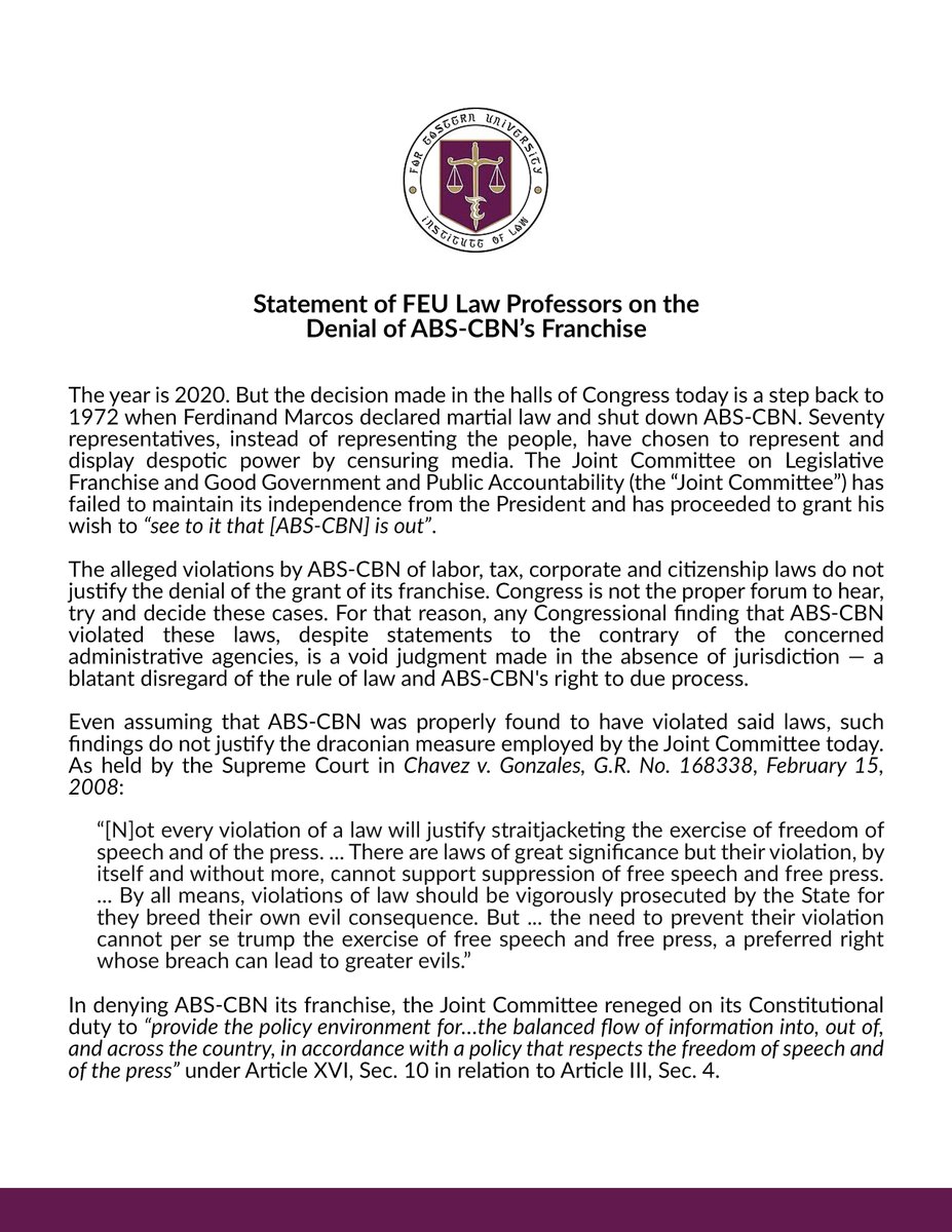 FeuLaw's tweet photo. We, Professors at the Far Eastern University Institute of Law, believe not only in teaching the principles of due process and free press, but more importantly, in standing up for them. In the face of oppression, we “command thy sons and daughters to battle for the right.” https://t.co/Untyfdr0mo