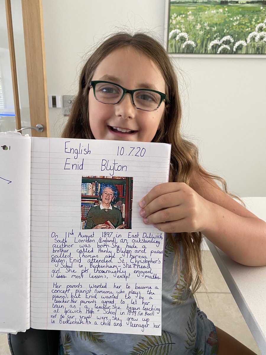 BevMclatchie's tweet photo. Ruby’s biography completed for today’s home learning, she chose her favourite author Enid Blyton 😊so proud of her hard work whilst at home and in this particular piece her use of parenthesis and adjectives. @LCPS07 @OakNational #LearnWithOak #ONAY5ENG https://t.co/WbBNvn906Z