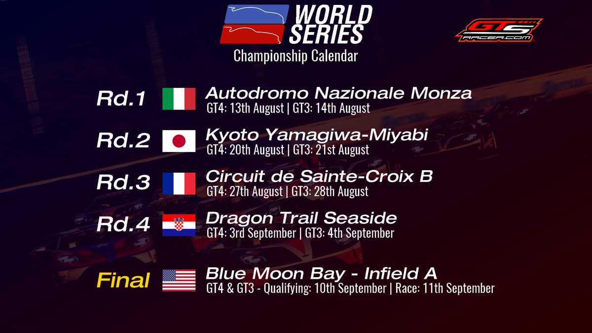 IGTLeague's tweet photo. It's been a while since we talked about the #IGTLWS right? Well, we got you covered with the latest Championship Calendar!

5 weeks of racing for both the GT3 Championship and GT4 Invitational!

The livery submission deadline has been moved to the 1st August for all competitors. https://t.co/4ACq55YfCo