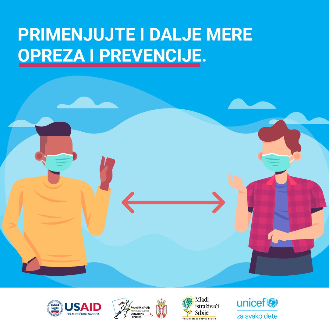 [Mere opreza i prevencije] #VolonteriNaMreži

Fizička distanca, redovno pranje ruku, i ne dodirujte oči, nos i usta. 
Koristite medicinske maske da pokrijte usta i nos.
Izbegavajte izlazak iz kuće ukoliko primetite bilo koji od simptoma.

<a href="/USAIDSerbia/">USAID Serbia</a> 
@omladinaisport
<a href="/MISVSS/">Mladi istrazivaci</a>