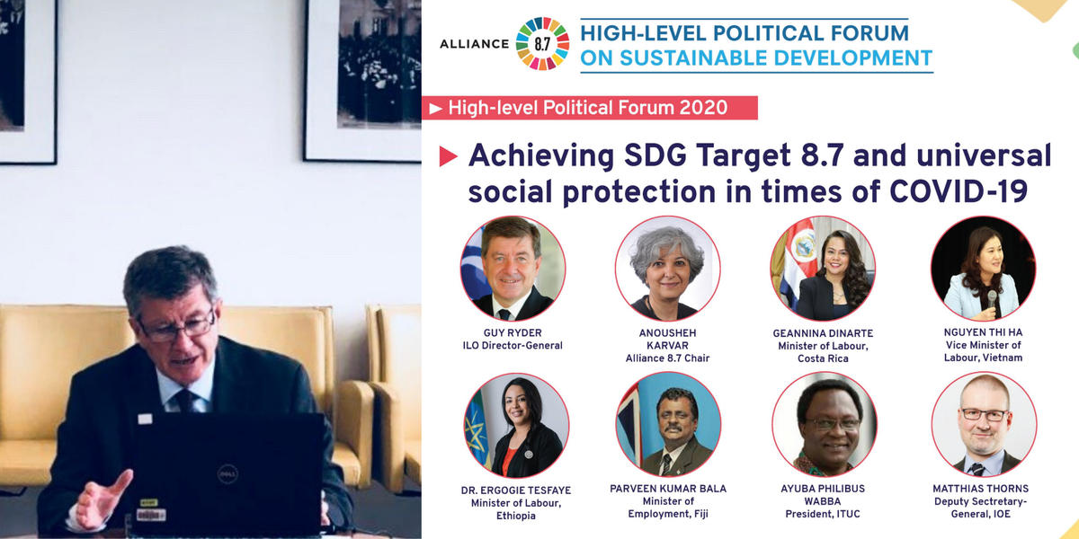 Pleased to take part in the #HLPF event on #SDG target 8.7 and universal social protection.

#COVID19 threatens progress on ending child and forced labour. Poverty reduction is key to that progress and action on achieving universal social protection is vital.

#Achieve87 #USP2030