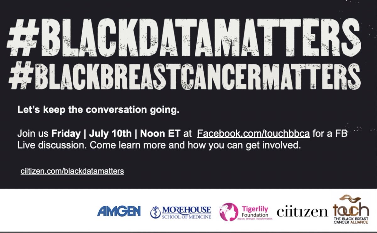 The conversation continues! ! Go to Facebook @TOUCHBBCA TODAY, July 10th, at Noon EST (9 AM PST) to hear @RickiDOVE <a href="/DrMoniqueGary/">Dr. Monique Gary (she/her 🏳️‍🌈)</a> <a href="/JamesLillard1/">James Lillard</a> &amp; our Breasties talk more about #clinicaltrials, #blackbreastcancermatters, and the #blackdatamatters initiative.