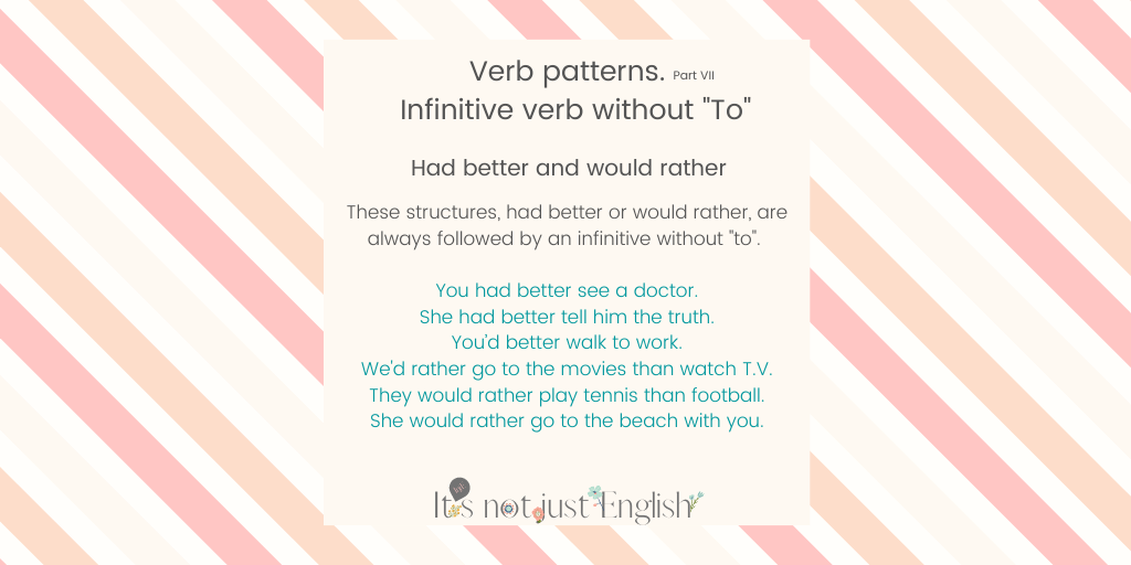 ItsnotjustEngl1's tweet photo. Hi Mates!!
Interesting summary of verb patterns. Part VII. Infinitive with to.
*
*
#estudiar #englishmadrid #iloveenglish #moreenglish #englishlanguage #inglesgratis #rivasvaciamadrid #englishverbs #verbpattern #StayHome #learningenglish #gerund #itsnotjustenglish #infinitive https://t.co/KwETJqeoXt