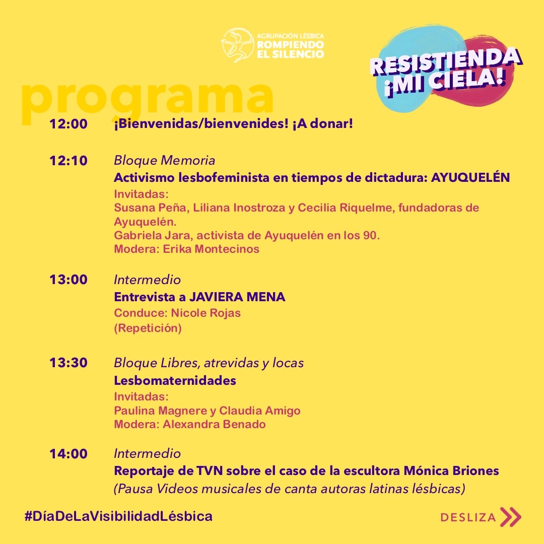 AgrupalesbicaRS's tweet photo. 🗯️¡Agéndalo! Este sábado tenemos preparada una jornada llena de memoria, #lesbofeminismo interseccional, música, risas, vogue y ¡activismo! 🔥 Si quieres ver el detalle de evento 👇🏽 ¡Aquí te dejamos el programa! https://t.co/AsIKPOYMCe