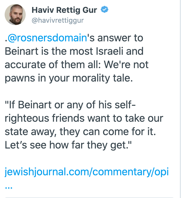 "American Jews like Peter can't criticize Israel or write articles like this because they don't live in Israel" (that never stops Israeli para-state orgs or institutions [JNF etc] from demanding that diaspora Jews support them—we shouldn't)