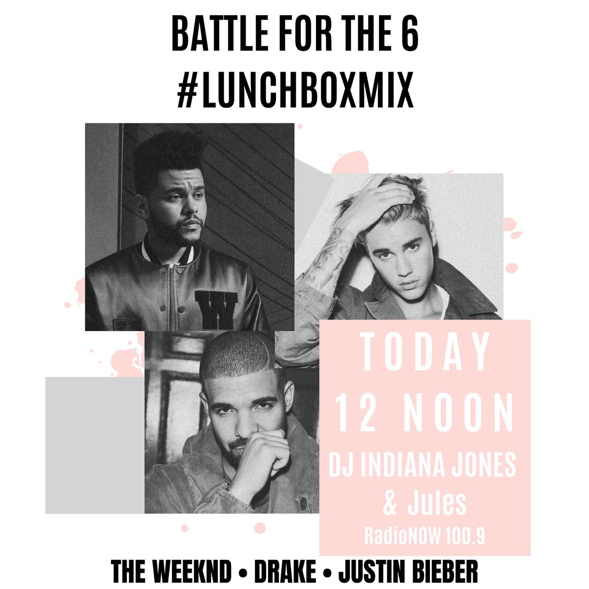 djindianajones's tweet photo. Today #lunchboxmix @RadioNOW1009 @RadioTheJules battle for the 6  Drake x justinbieber x The Weeknd https://t.co/OO9YVpXiAH https://t.co/XKyVydaGqC