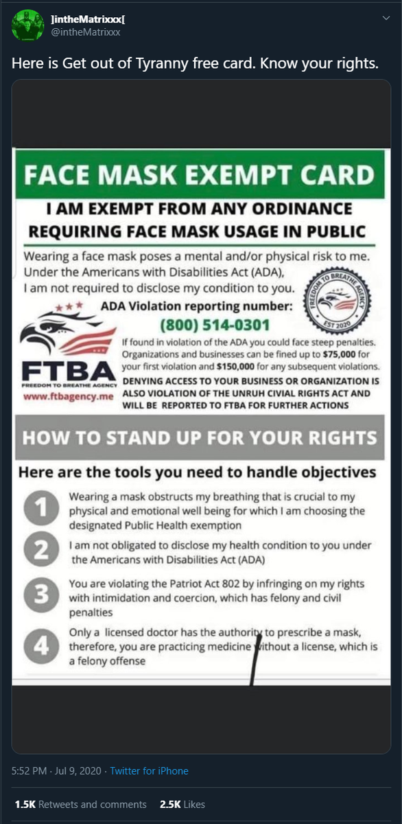 11/ QAnon influencer intheMatrixxx shared this fake exemption card. However, not only have these cards been debunked. The DOJ put out a statement that Fraudulent Facemask Flyers “Exempt” Cards not Authorized by U.S. Department of Justice  https://www.justice.gov/usao-mdnc/pr/covid-19-alert-fraudulent-facemask-flyers