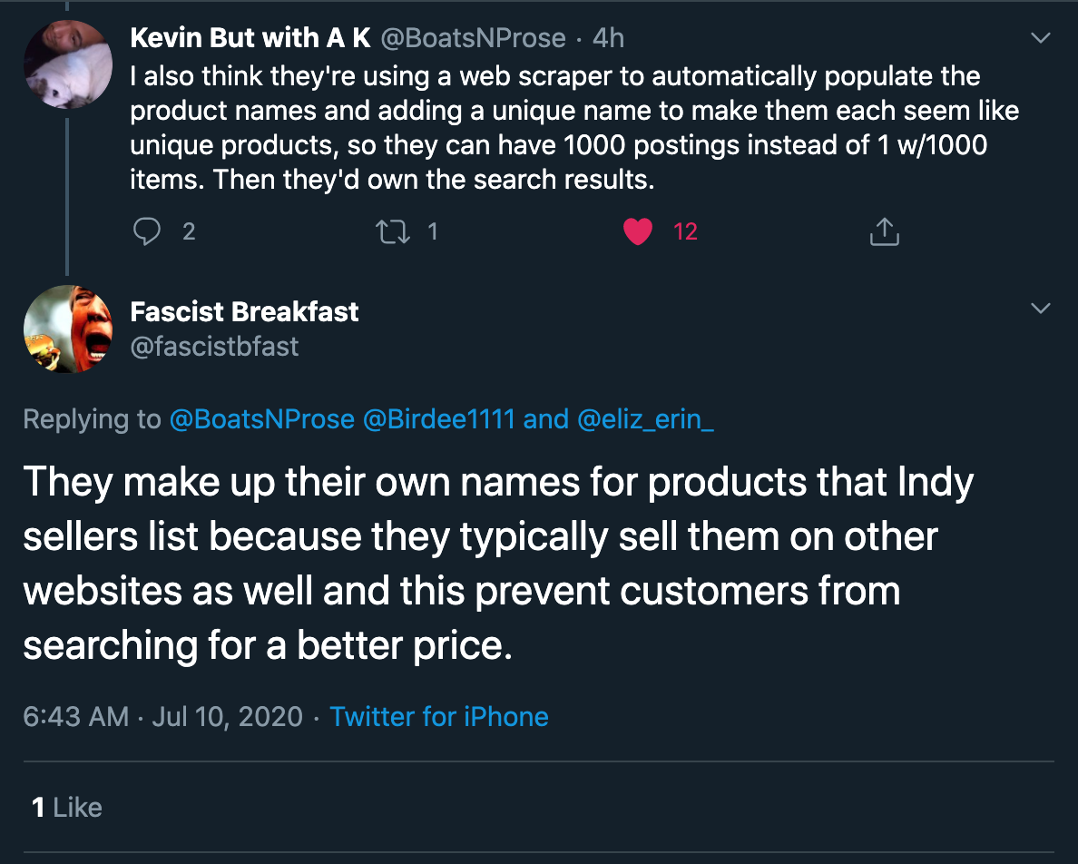 Another explanation for the human names of the  #Wayfair products. Not the most well versed in this but its somewhat similar to how amazon shops use bots to list items w/ every variation of a phrase, ei. shirts that say "keep calm and _ on" using every verb in the dictionary.