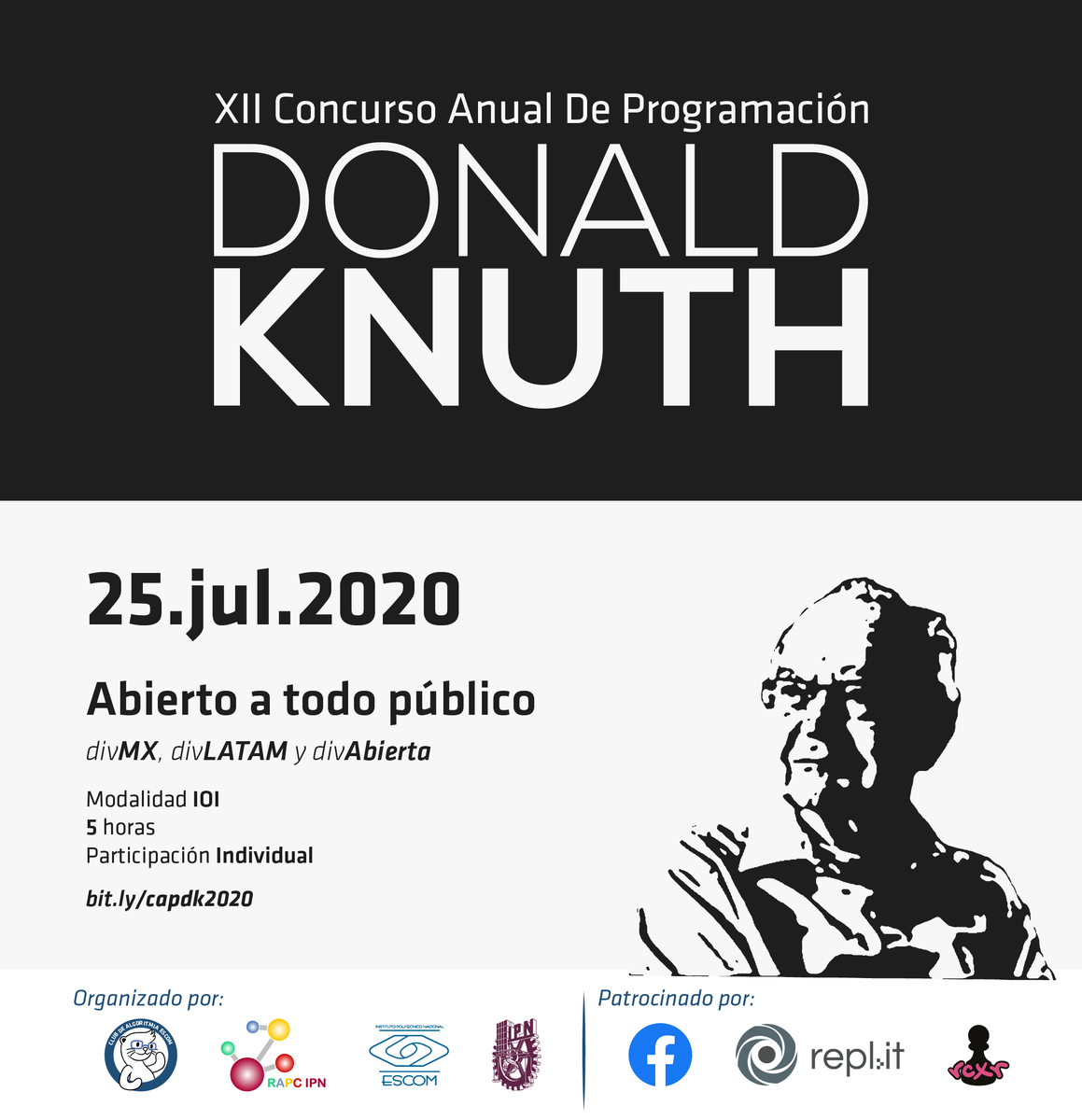 algoritmiaESCOM's tweet image. Te invitamos al XII Concurso Anual de Programación "Donald Knuth".
Por primera ocasión en 12 años, el concurso se llevará de forma virtual, será gratuito y abierto a todo público.
¡Revisa la convocatoria! -> bit.ly/capdk2020