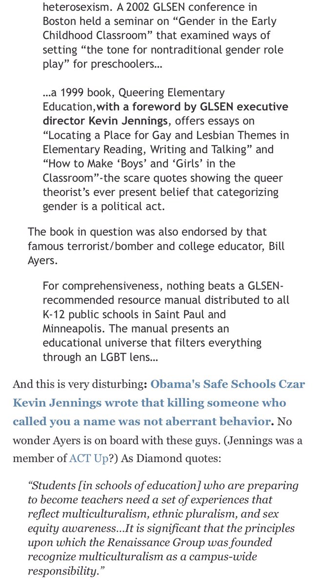 Pres. Obama’s Safe Schools” Czar was in favor of “non-traditional gender role-play for preschoolers”. His writings—killing someone who called you a name was not aberrant behavior.  #TakingTheirInnocence  #MulticultiTrap.  #mnleg  #wiright  #twill  #migov  #valeg  http://backyardconservative.blogspot.com/2009/10/obama-ayers-queering-your-kids-screw.html