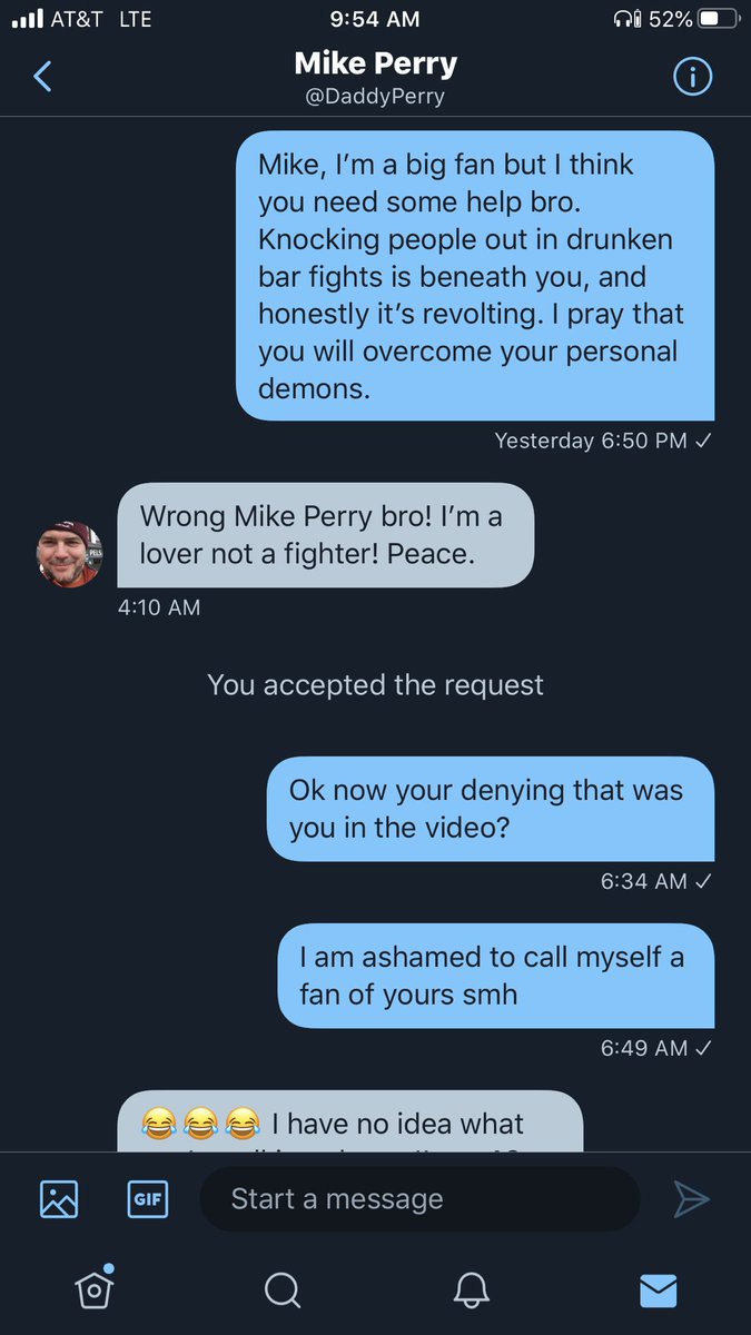 BabyPluto2020's tweet photo. I DM’d Mike Perry and let him know how absolutely disgusted I was by his actions. Then he tried to act like it wasnt him smh 😤 https://t.co/faOHfJSgNC