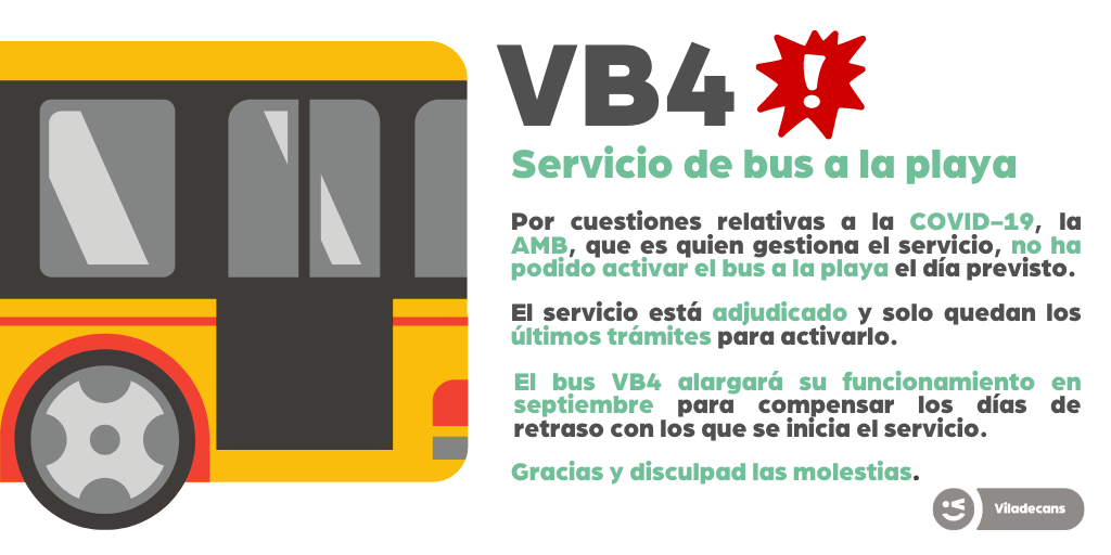 ViladecansTweet's tweet photo. ‼️🚌 Información importante sobre el servicio de bus a la playa (VB4). Esperamos poder informaros pronto de su puesta en marcha. 

Disculpad las molestias. https://t.co/kw8ZUgabXB