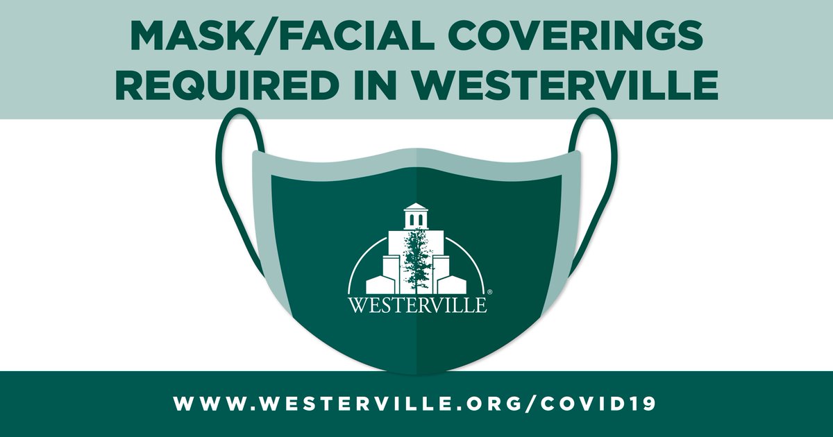 Masks/facial coverings are required in public spaces in the City of #Westerville, including both Franklin and Delaware counties. See the state order and amended Westerville order at westerville.org/covid19.
