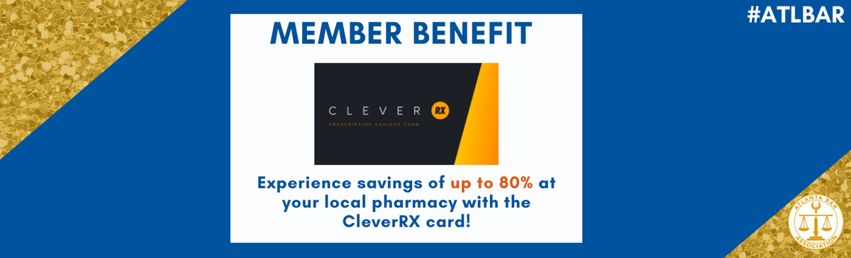 atlantabar's tweet photo. Your Atlanta Bar membership gives you access to valuable discounts, like the Clever RX prescription discount card!

Join or renew today at https://t.co/zZOUc0UTPi.

#ATLBar #AtlantaBar #AtlantaBarAssociation #Lawyers https://t.co/RQj9HUqcBx