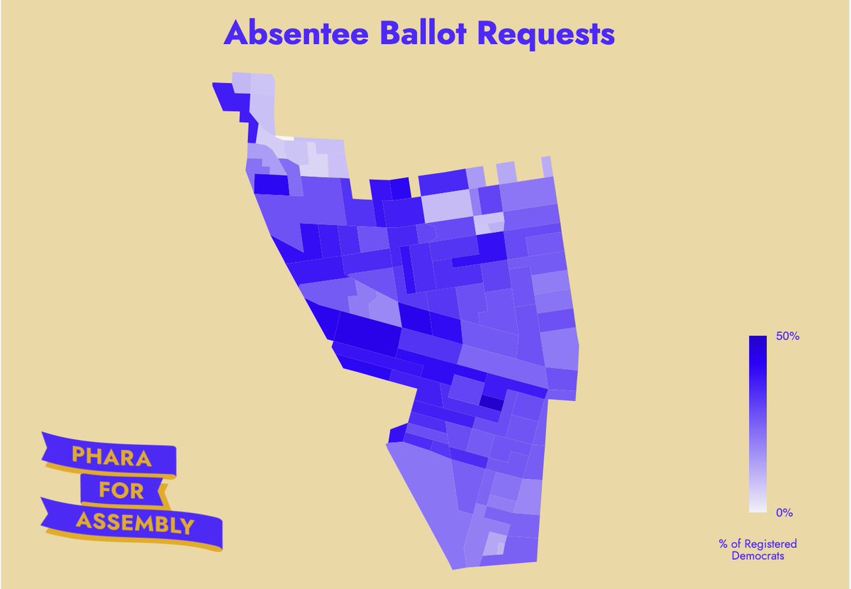 This map represents the ballot requests based on election districts in Assembly District 57. As you can see, in some EDs close to 50% of registered Democrats requested a ballot. This map shows that all of our hard work to get people the right information paid off.