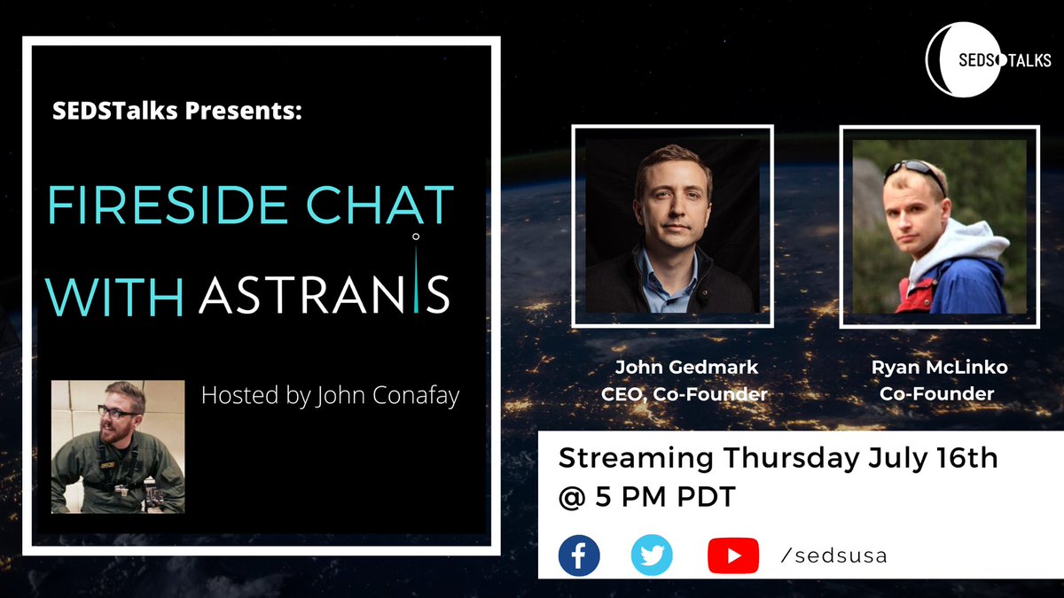 SEDSTalks is officially back! 🚀💫

Join us next week for a fireside chat hosted by John Conafay with Astranis Co-Founders, John Gedmark &amp; Ryan McLinko! 🛰

We promise it’ll be a fun discussion on satellites and space entrepreneurship!