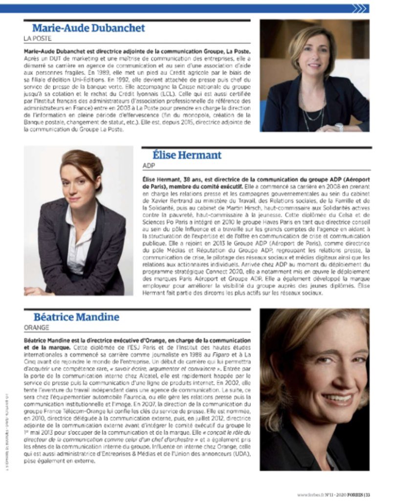 CarinaCheklit's tweet photo. Et les #dircom les plus influentes sont : @MAudeDubanchet @EliseHermant @BeaMandine @anaislancon @SQuatrehomme @AChallonKemoun @caroguillaumin @LaurPernot & Fabienne de Brebisson. Bravo mesdames et mention spéciale à @BeaMandine du groupe @orange ! 👏🏼#womenempowerment @forbes_fr https://t.co/LAAgJ7ynvr