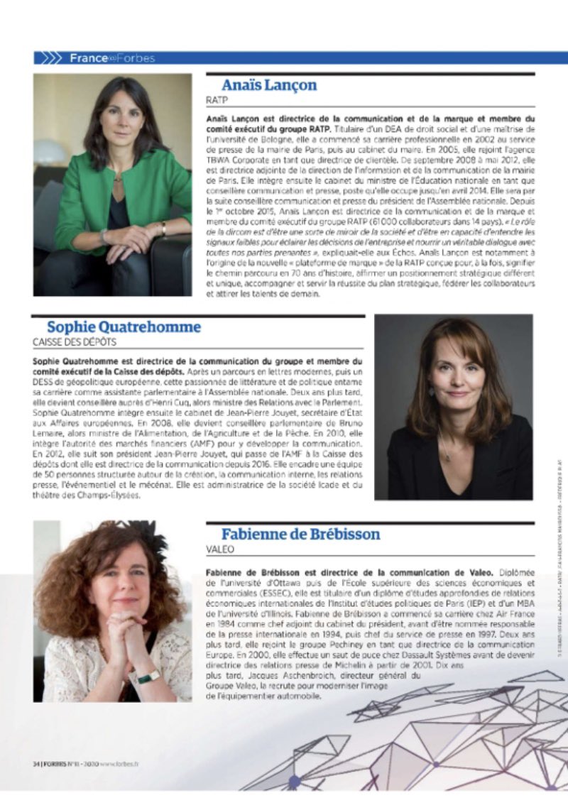 CarinaCheklit's tweet photo. Et les #dircom les plus influentes sont : @MAudeDubanchet @EliseHermant @BeaMandine @anaislancon @SQuatrehomme @AChallonKemoun @caroguillaumin @LaurPernot & Fabienne de Brebisson. Bravo mesdames et mention spéciale à @BeaMandine du groupe @orange ! 👏🏼#womenempowerment @forbes_fr https://t.co/LAAgJ7ynvr