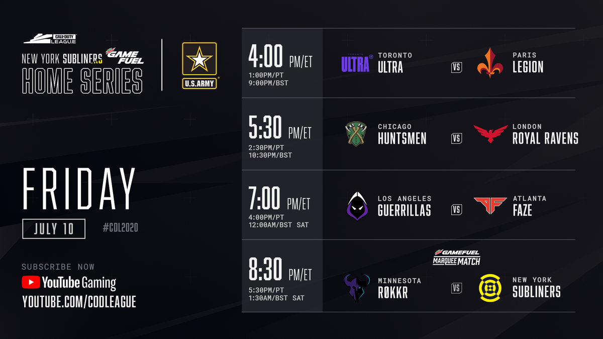 CODLeague's tweet photo. The Call of Duty League takes another step towards the postseason with the New York @Subliners @GameFuel Home Series.

Matches begin 1pm PT/4pm ET, watch the stream at https://t.co/L6uuenVU44 #CDL2020 https://t.co/BKoaO7sGO8