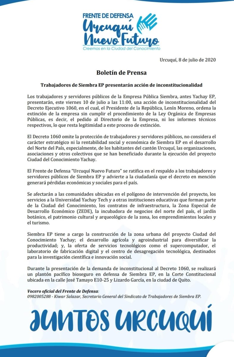 JuntosUrcuqui's tweet photo. En defensa del talento humano, los recursos tecnológicos y los proyectos agrícolas de la Empresa Pública Siembra👩‍🌾.

📢Hoy 11 am presentaremos la acción de insconstitucionalidad del Decreto Ejecutivo 1060.

#SiembraSiProduce
#YachaySeDefiende
#JuntosUrcuquí https://t.co/L19RBDywjN