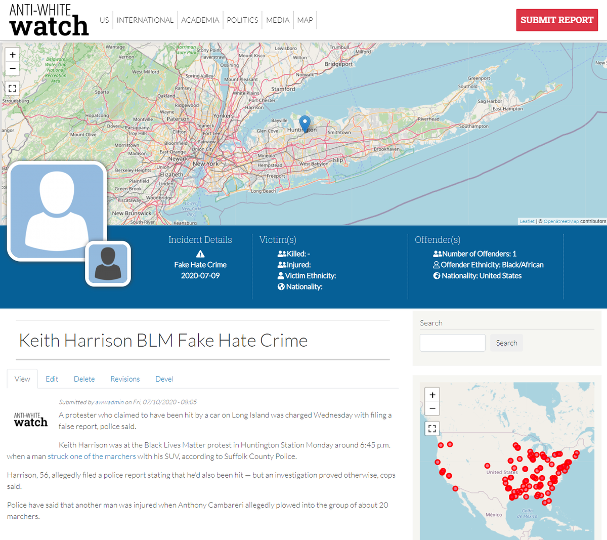 AntiWhiteWatch1's tweet photo. #KeithHarrison #BLM #FakeHateCrime: "A protester who claimed to have been hit by a car on Long Island was charged Wednesday with filing a false report, police said."
Our second FHC today. Use our map to filter!
@NoWhiteGuiltNWG #antiWhite #bloodlibel
https://t.co/R1SgEUXBtm https://t.co/0btL33N9kT