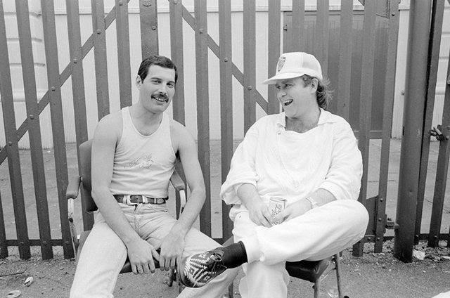 TimeinMusic's tweet photo. Freddie Mercury and Elton John backstage at Live Aid, 1985. Photo by  Richard Young. https://t.co/GtMpN5nvat