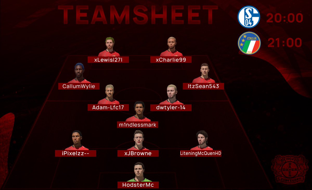 VFLBayer04's tweet photo. ⚠️MATCHDAY 1:

🏆 | Bundesliga
🆚 | FC Schalke 04
⏰ | 8:00PM

🏆 | Champions League
🆚 | ALL STAR 30
⏰ | 9:00PM

👉 This is how we lineup for the first @TheVFL_ game of the season: 👇 https://t.co/NbNHbHMlms